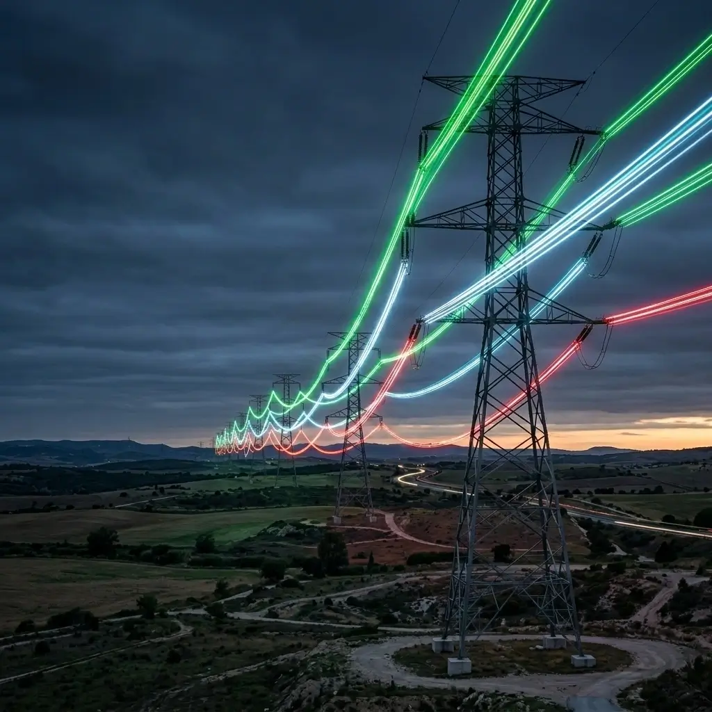 Torres de transmisión eléctrica con cables iluminados — la potencia que mueve a México